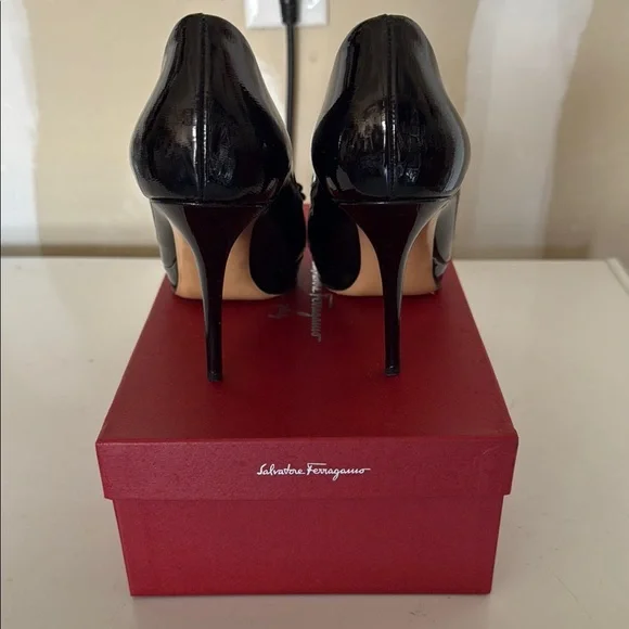 Salvatore Ferragamo Black Patent Leather Peep-Toe Heels - Picture 4 of 6